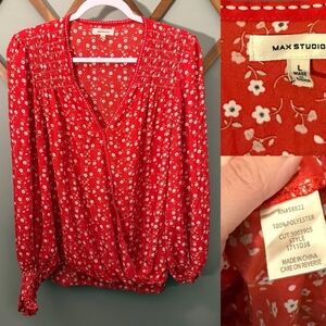 Max Studio Red White Floral Long Sleeve Wrap Style Blouse Large